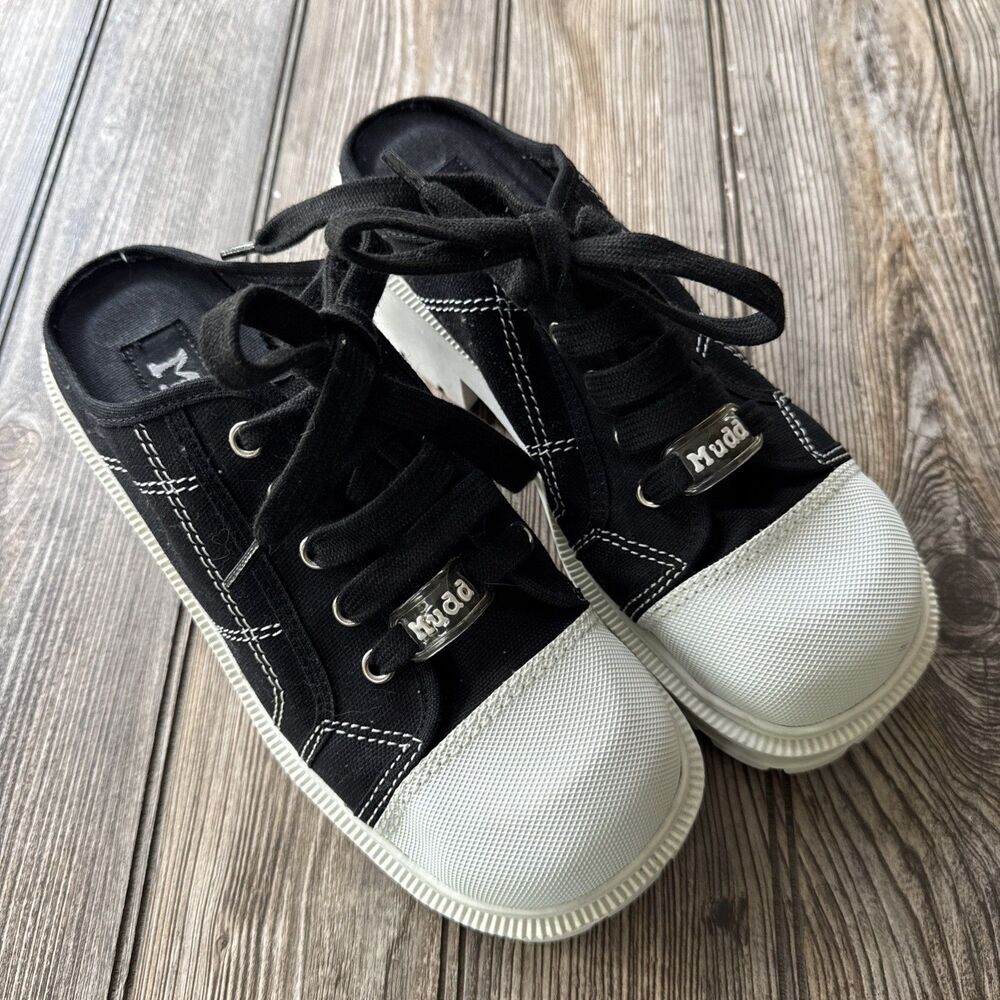 Vintage Mudd Chunky Mule Clogs White Canvas Lace Up Women Sz 8.5 Y2K slide on